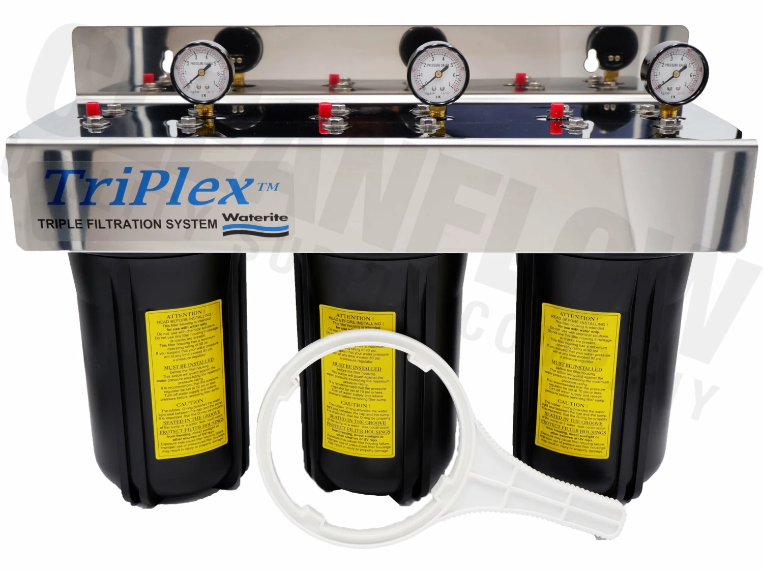 Waterite TriPlex 4.5" OD Big Blue Water Filter Housing | 10" 3 Waterite TriPlex 4.5" OD Big Blue Water Filter Housing | 10"