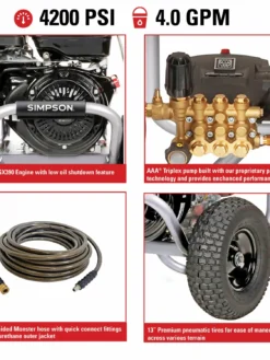 Simpson PowerShot Cold Water Honda GX390 (389cc) Gas Engine Pressure Washer - 4200 PSI - 4.0 GPM Industrial Triplex Pump Pressure Washers 17 Simpson PowerShot Cold Water Honda GX390 (389cc) Gas Engine Pressure Washer - 4200 PSI - 4.0 GPM Industrial Triplex Pump Pressure Washers