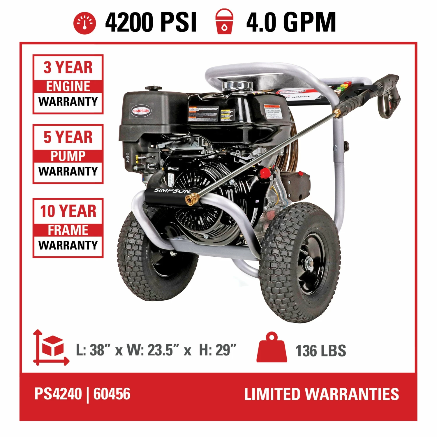 Simpson PowerShot Cold Water Honda GX390 (389cc) Gas Engine Pressure Washer - 4200 PSI - 4.0 GPM Industrial Triplex Pump Pressure Washers 10 Simpson PowerShot Cold Water Honda GX390 (389cc) Gas Engine Pressure Washer - 4200 PSI - 4.0 GPM Industrial Triplex Pump Pressure Washers