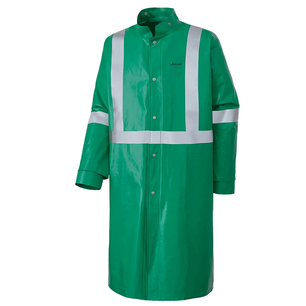 Flame Resistant Work Wear Ranpro CA-43® FR Chemical/Acid Resistant Long Safety Coat - PVC/Poly | Green | Sizes Small - 3XL 3 Flame Resistant Work Wear Ranpro CA-43® FR Chemical/Acid Resistant Long Safety Coat - PVC/Poly | Green | Sizes Small - 3XL